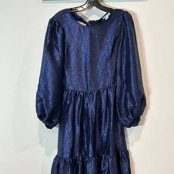 TOPSHOP Premium Textured tiered open back Midi Dress Medium Blue Metallic Size 6 - Picture 3 of 10